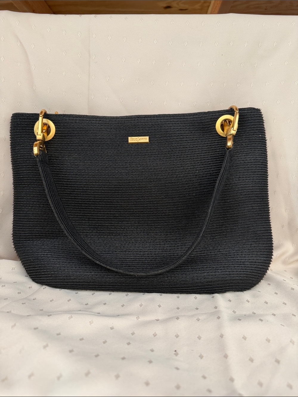 Eric Javits Black or very dark navy Raffia Shoulder Bag with Gold Hardware